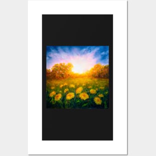 Dandelion field at sunset Posters and Art